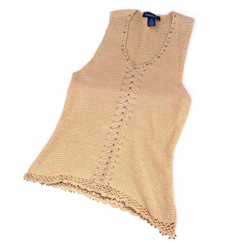 Y2K Boho Festival Beaded Crochet Laceup Knit Sweater Tank Top